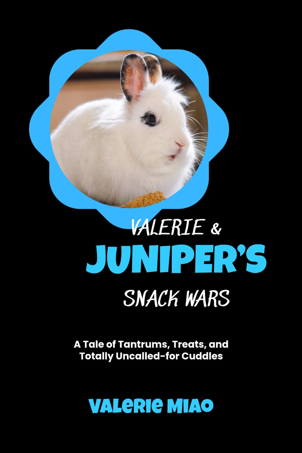 Adult humor example: "Valerie & Juniper's Snack Wars" cover, Juniper the white rabbit in a blue flower frame on black
