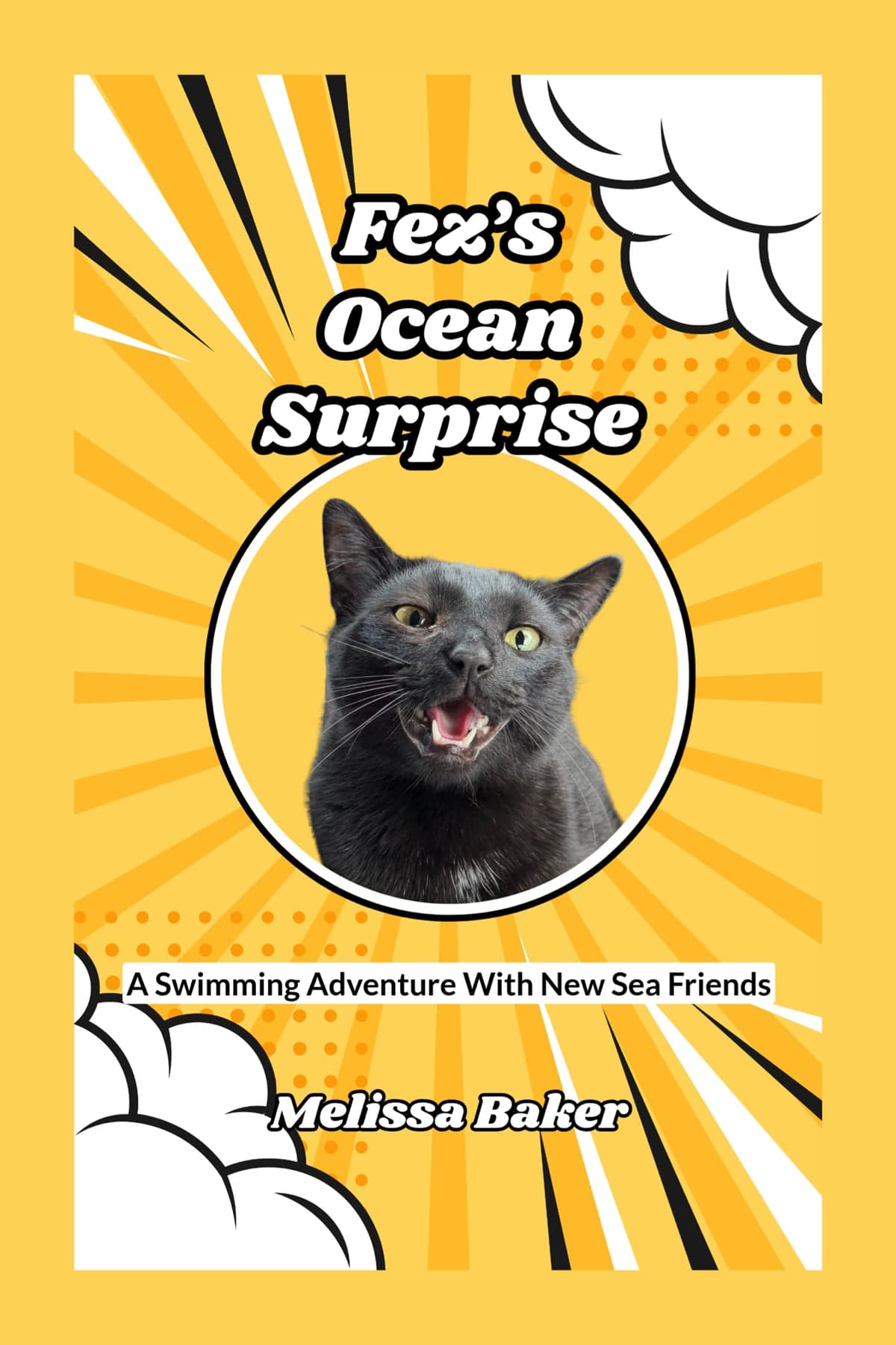 Children's book example: "Fez's Ocean Surprise" cover, Fez the black cat inside a circle on a yellow comic sunburst